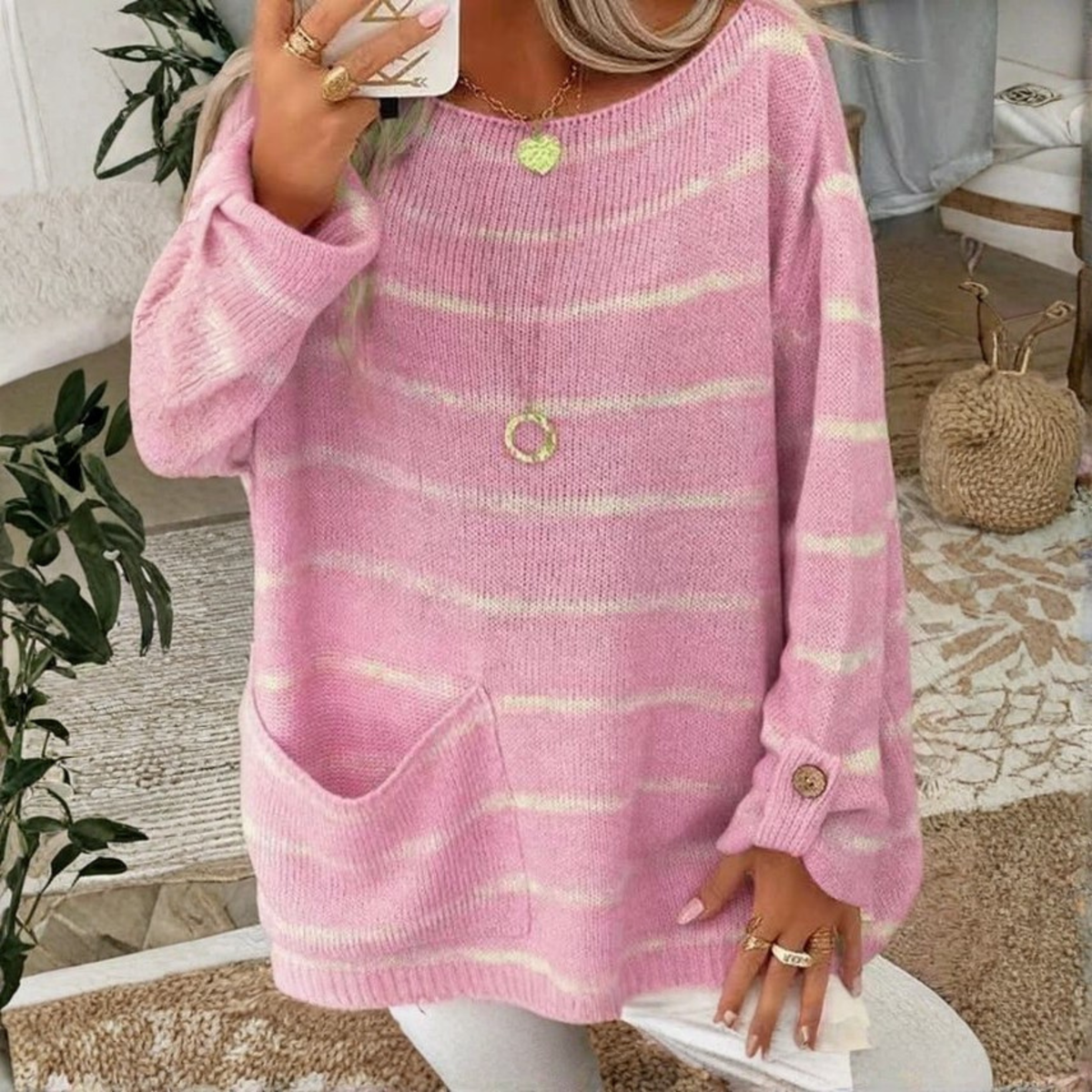 Bryony | Oversized Striped Knit Sweater Pockets Button Cuffs