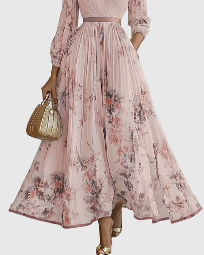 Plyssara | Printed Pleated Deep V Occasion Maxi Dress