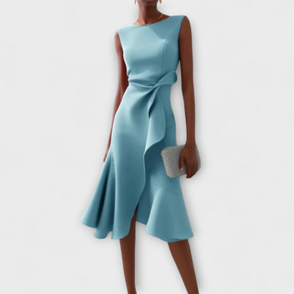 Solvara | Sleeveless Draped Asymmetrical Hem Midi Dress