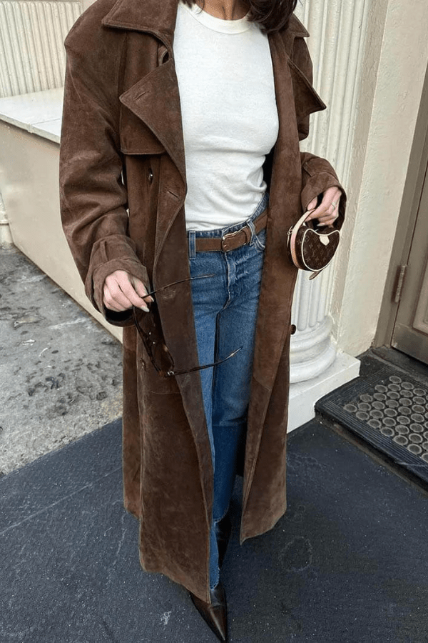 Galatea | Vegan Suede Belted Maxi Trenchcoat