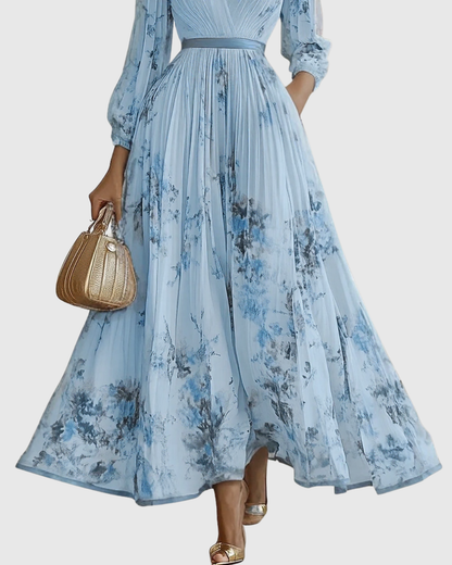 Plyssara | Printed Pleated Deep V Occasion Maxi Dress