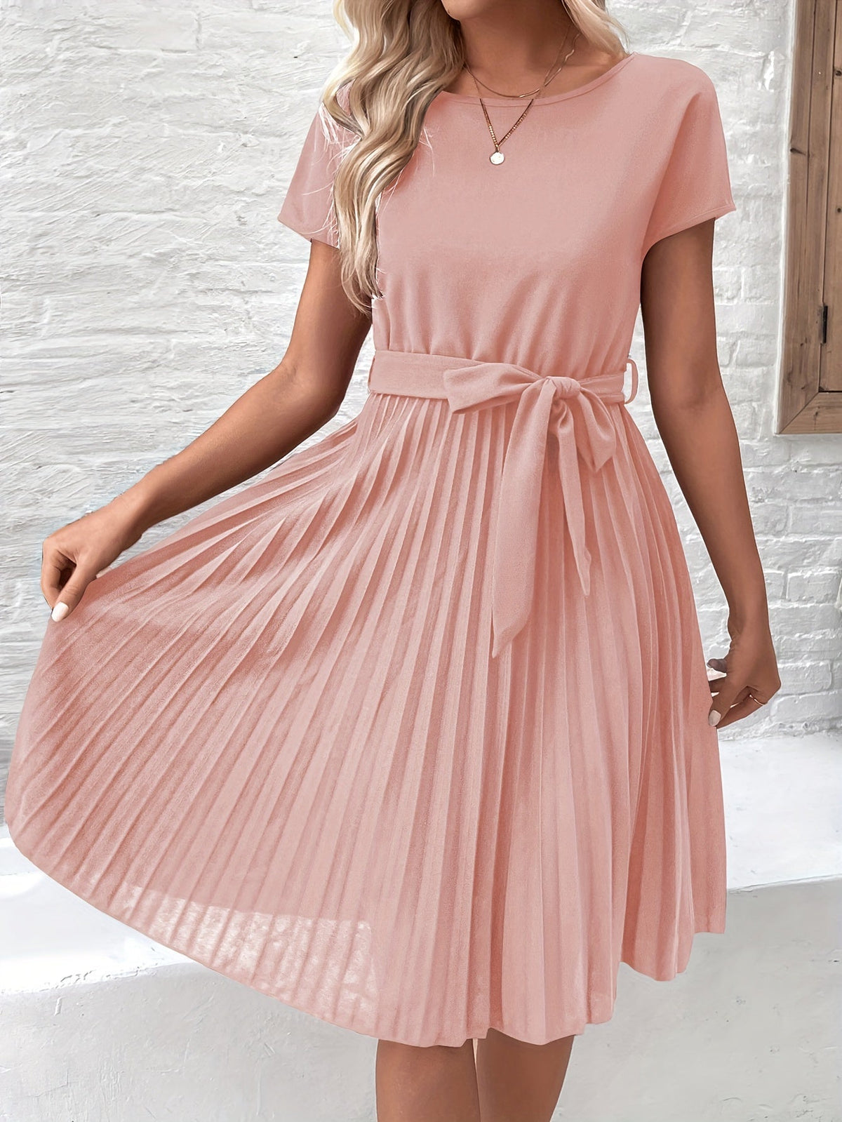 Plisse | Pleated Tie Waist Short Sleeve Occasion Midi Dress
