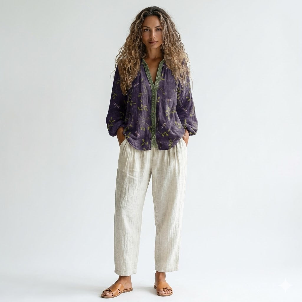 Elise Laurent | Women's Botanical Print Linen Blouse