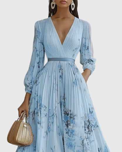 Plyssara | Printed Pleated Deep V Occasion Maxi Dress
