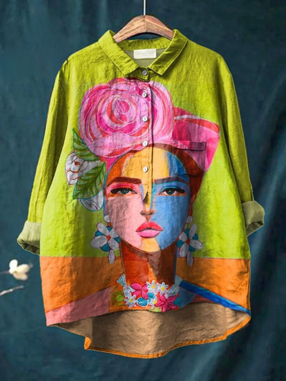 Nyla | Portrait Print Linen Shirt