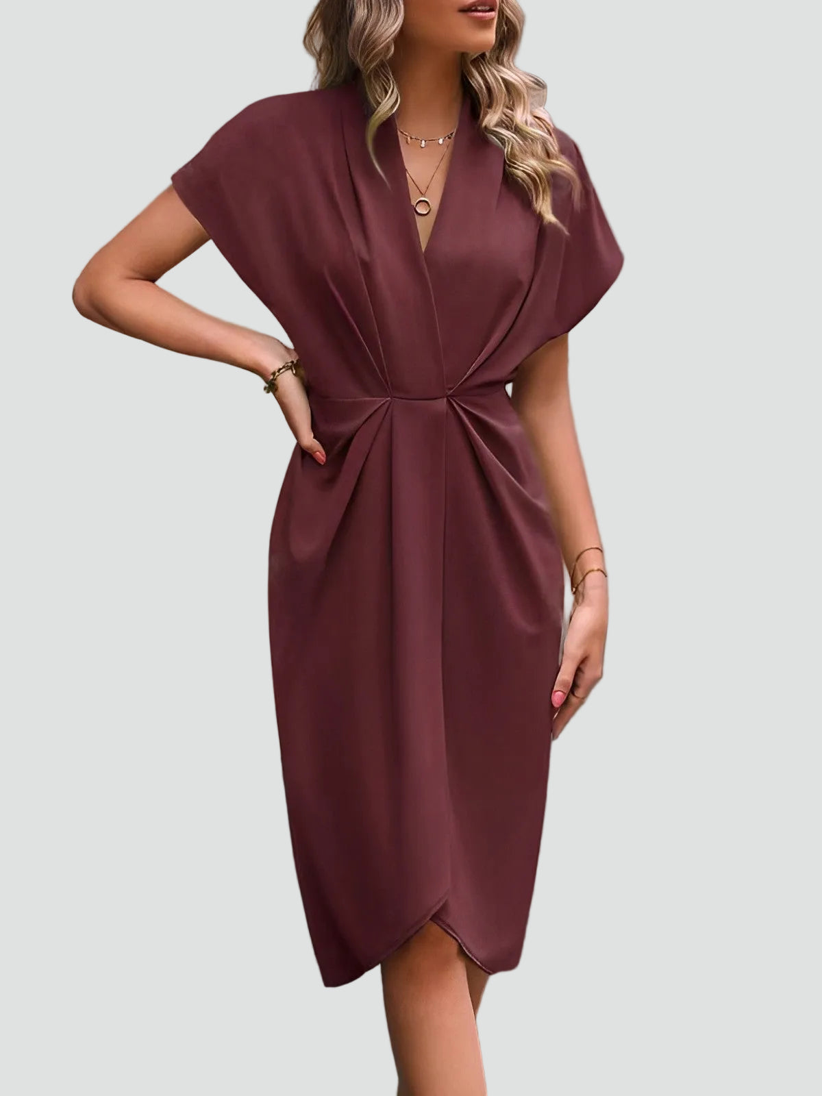 Dravinda | Draped Deep V Split Hem Occasion Midi Dress