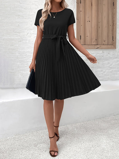 Plisse | Pleated Tie Waist Short Sleeve Occasion Midi Dress