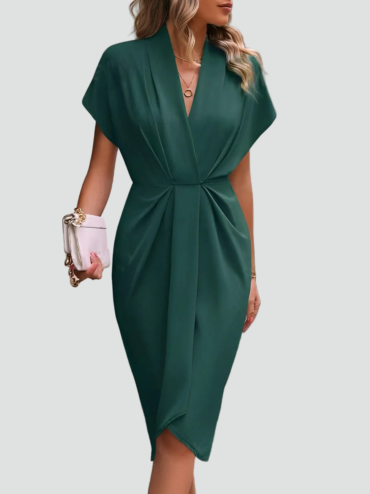 Dravinda | Draped Deep V Split Hem Occasion Midi Dress
