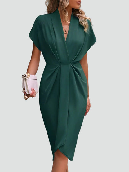 Dravinda | Draped Deep V Split Hem Occasion Midi Dress