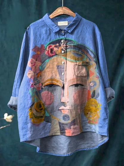 Nyla | Portrait Print Linen Shirt