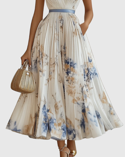 Plyssara | Printed Pleated Deep V Occasion Maxi Dress