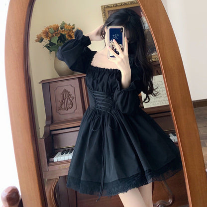 Square Neck Lace-Up Mini Dress For Women