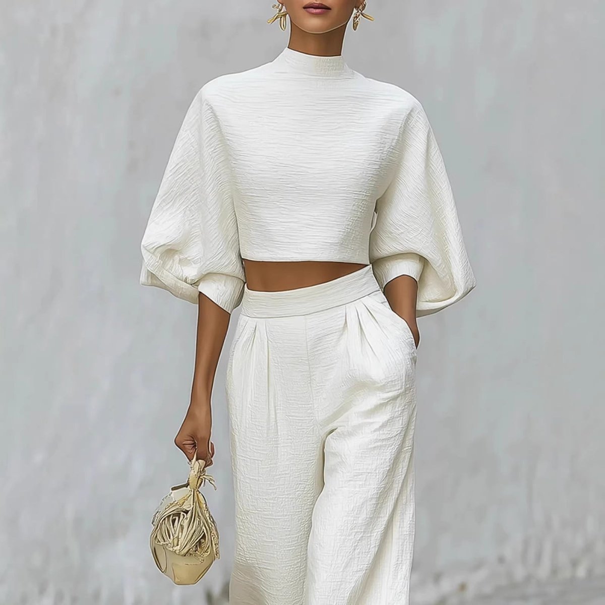 Neve | White Textured Crop Top Wide-Leg Set Women