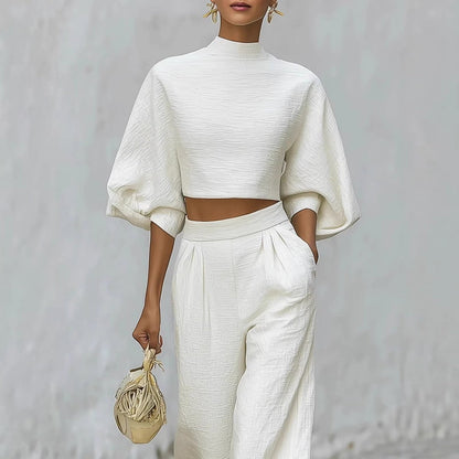 Neve | White Textured Crop Top Wide-Leg Set Women