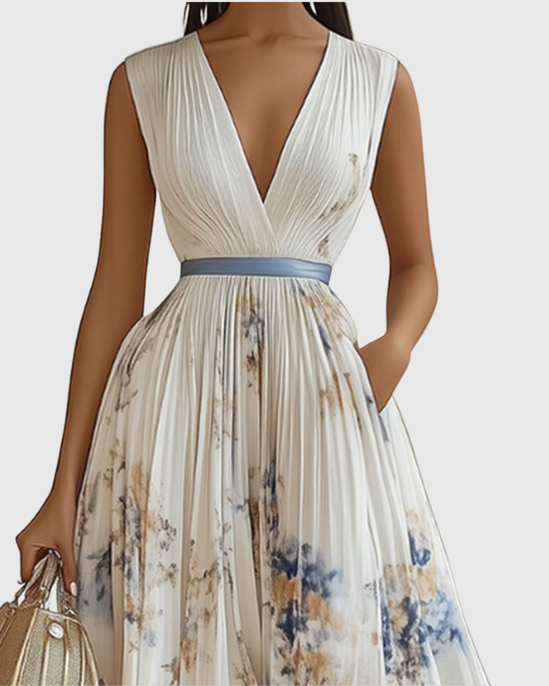 Plyssara | Printed Pleated Deep V Occasion Maxi Dress