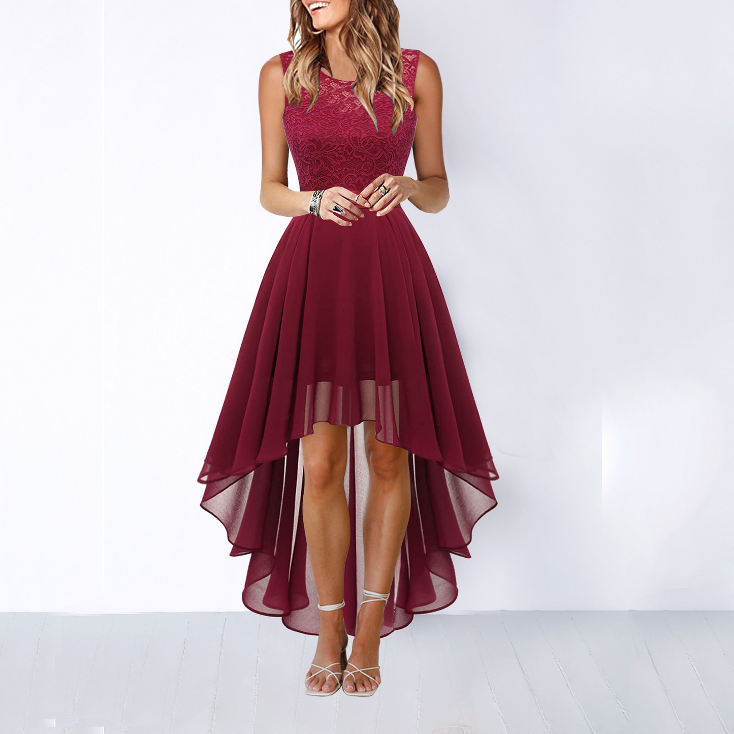 Hilova | Asymmetrical High Low Sleeveless Flowing Evening Dress