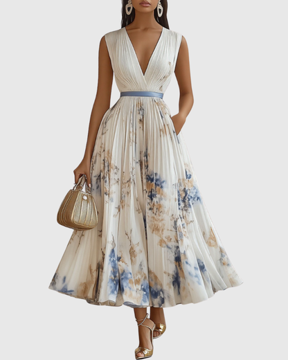 Plyssara | Printed Pleated Deep V Occasion Maxi Dress