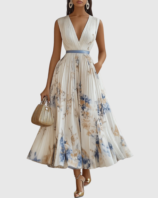 Plyssara | Printed Pleated Deep V Occasion Maxi Dress