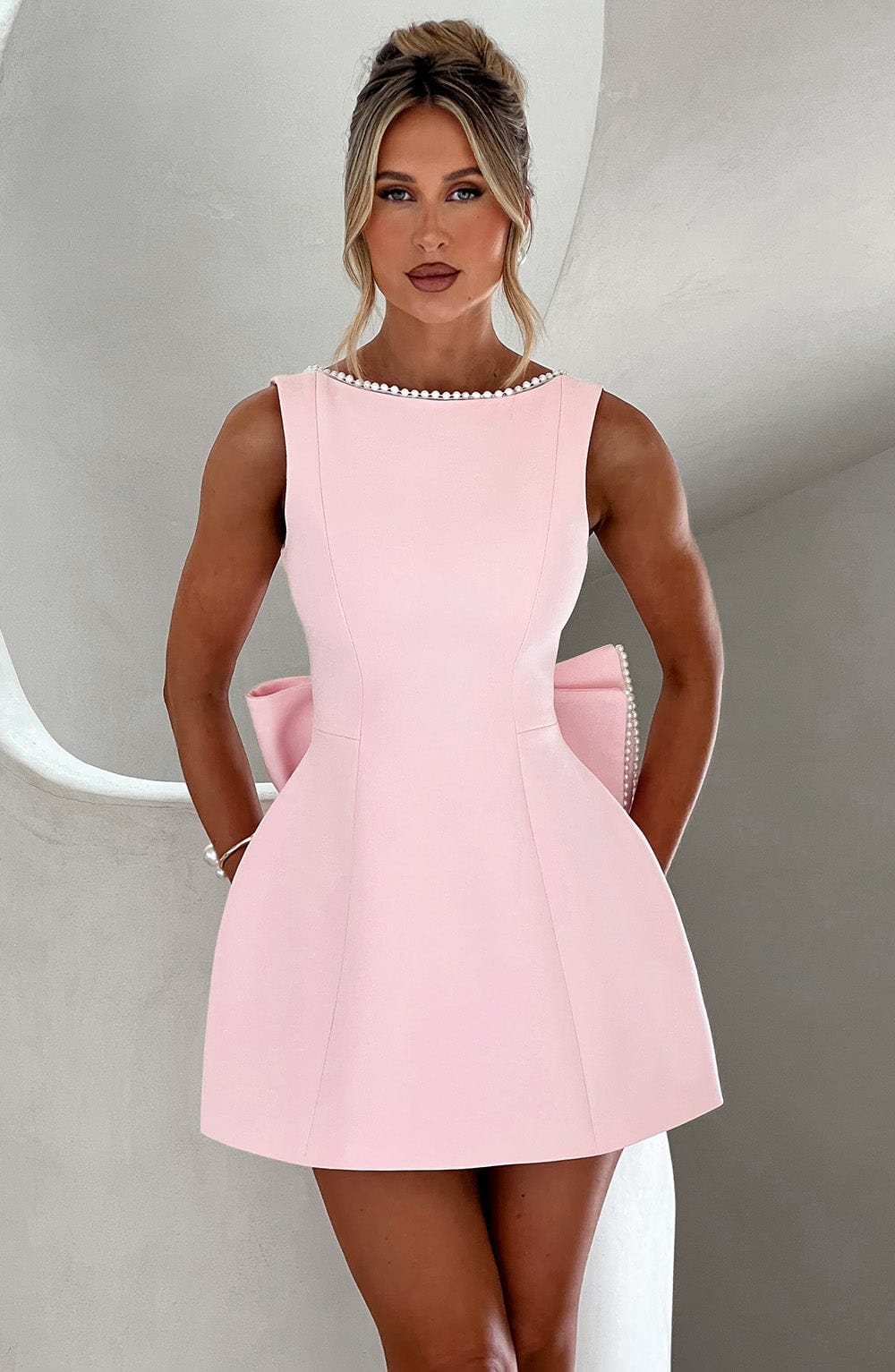 Bellara | Pearl Trim Bow Back Occasion Mini Dress