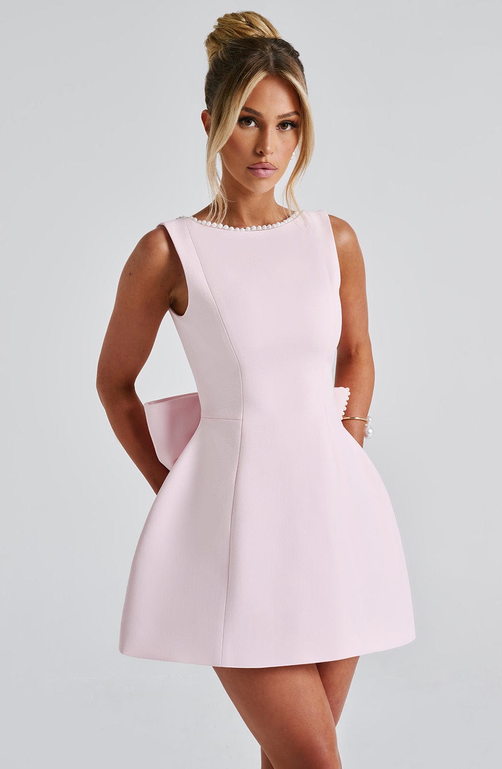 Bellara | Pearl Trim Bow Back Occasion Mini Dress