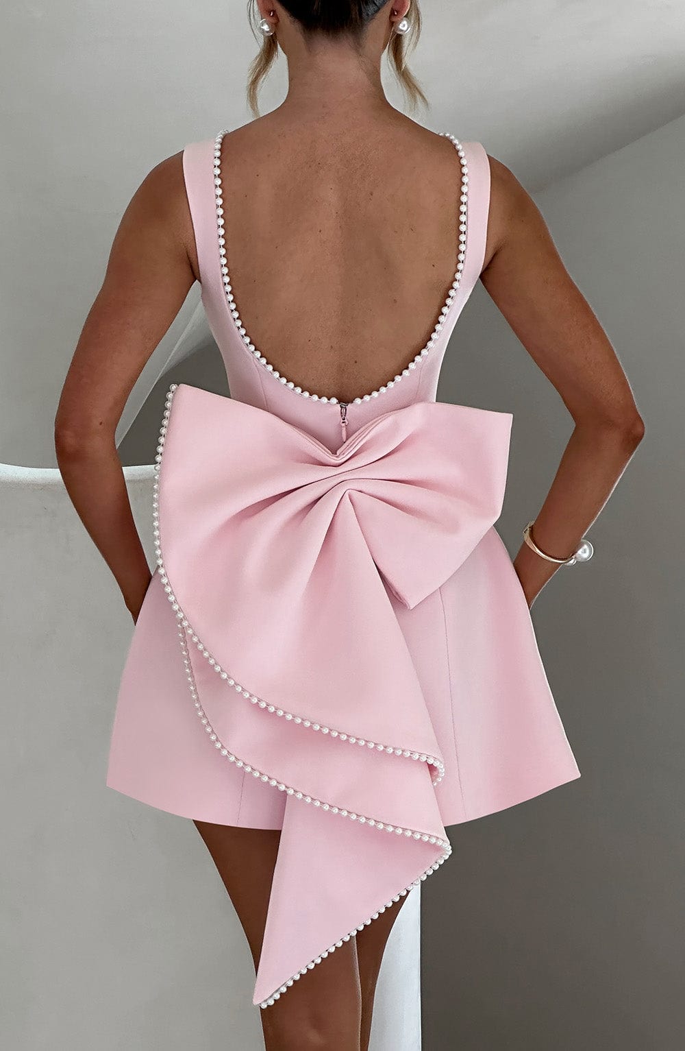 Bellara | Pearl Trim Bow Back Occasion Mini Dress