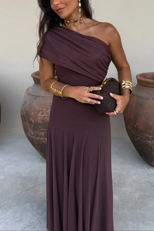 Dravenelle | Off Shoulder Draped Waist Wedding Guest Maxi Dress