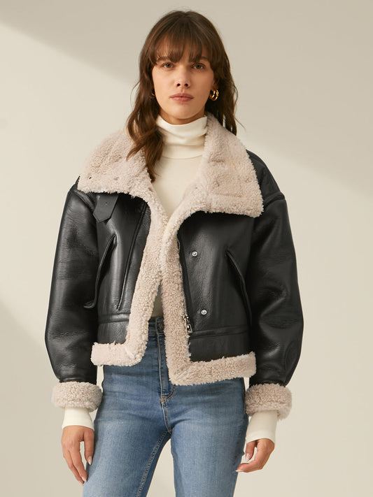 Women's Faux Leather Flight Winter Jacket with Sherpa Lining
