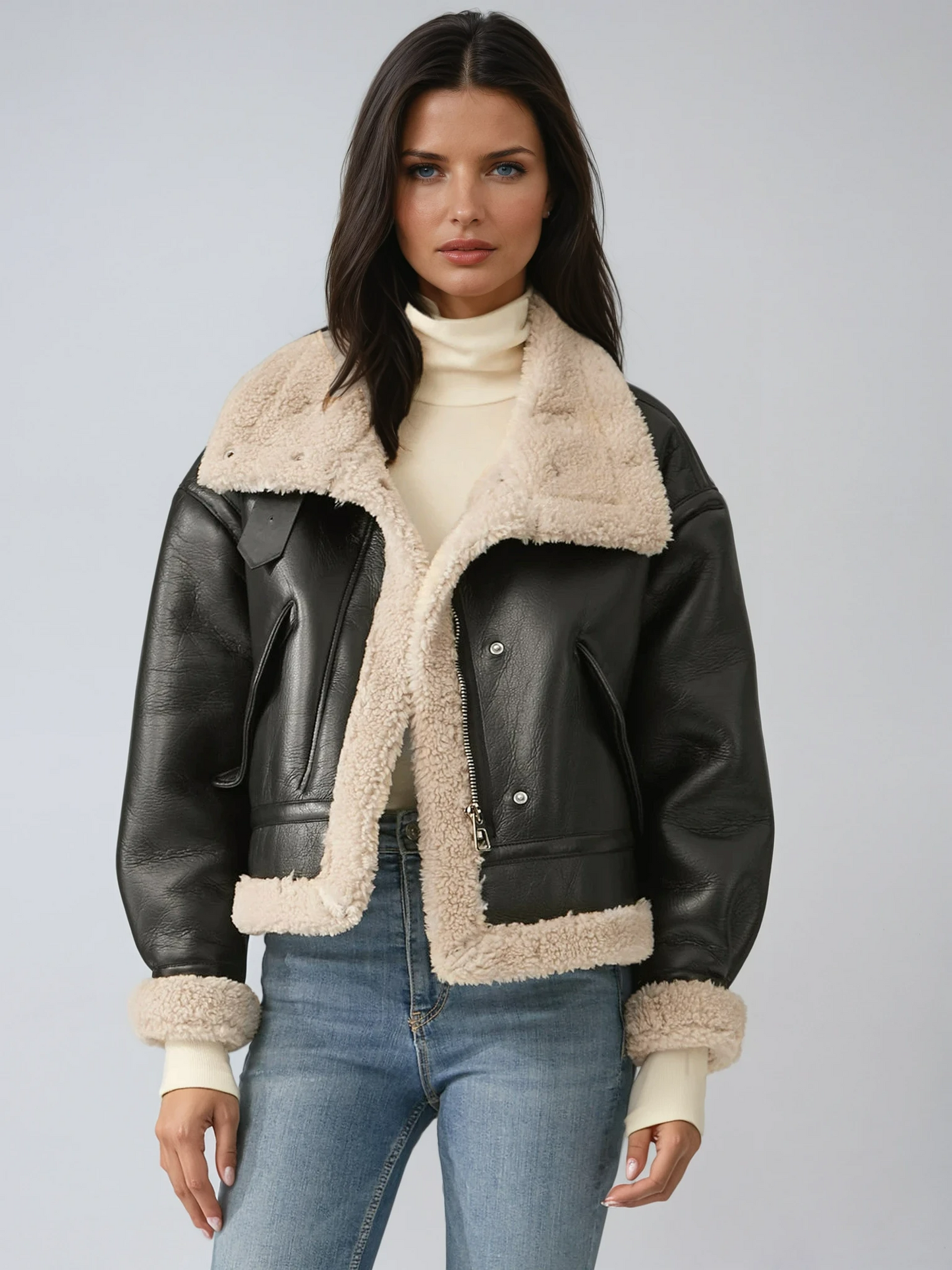 Women's Faux Leather Flight Winter Jacket with Sherpa Lining