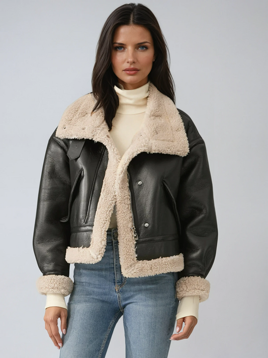 Women's Faux Leather Flight Winter Jacket with Sherpa Lining