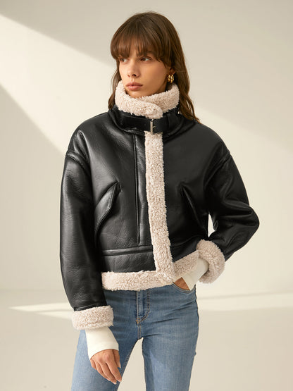 Women's Faux Leather Flight Winter Jacket with Sherpa Lining