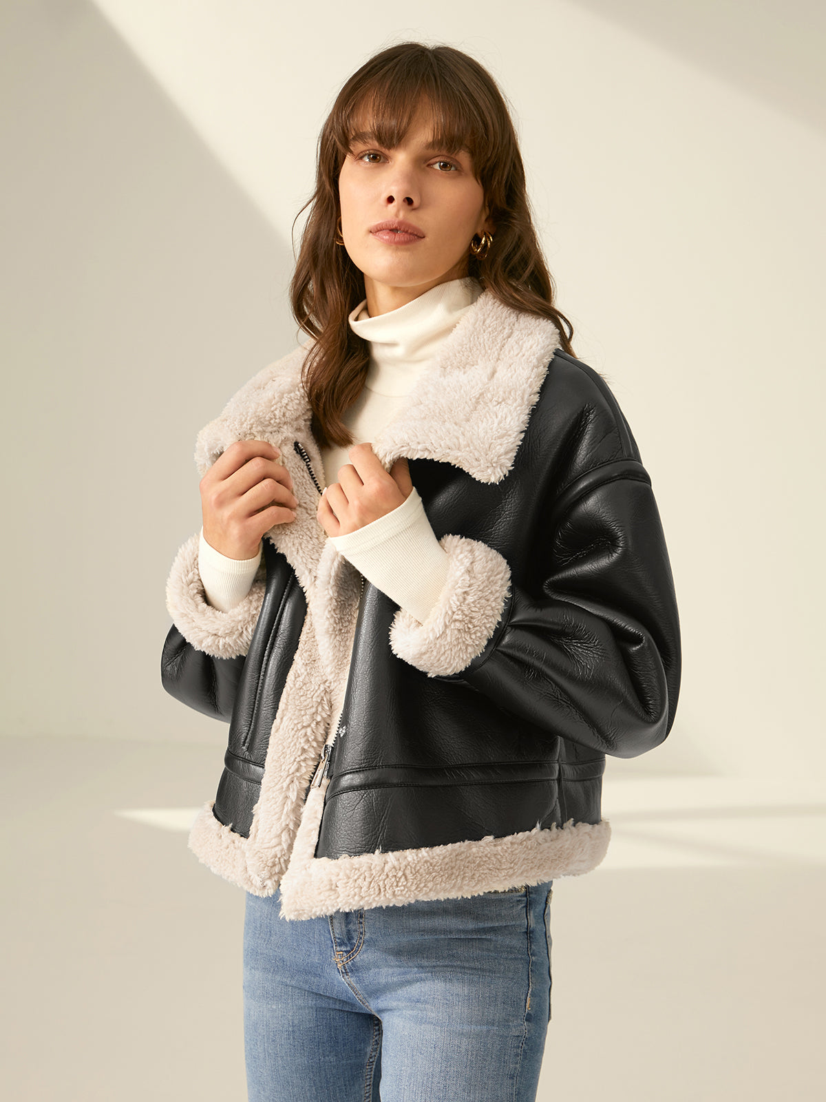 Women's Faux Leather Flight Winter Jacket with Sherpa Lining