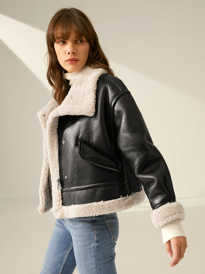 Women's Faux Leather Flight Winter Jacket with Sherpa Lining