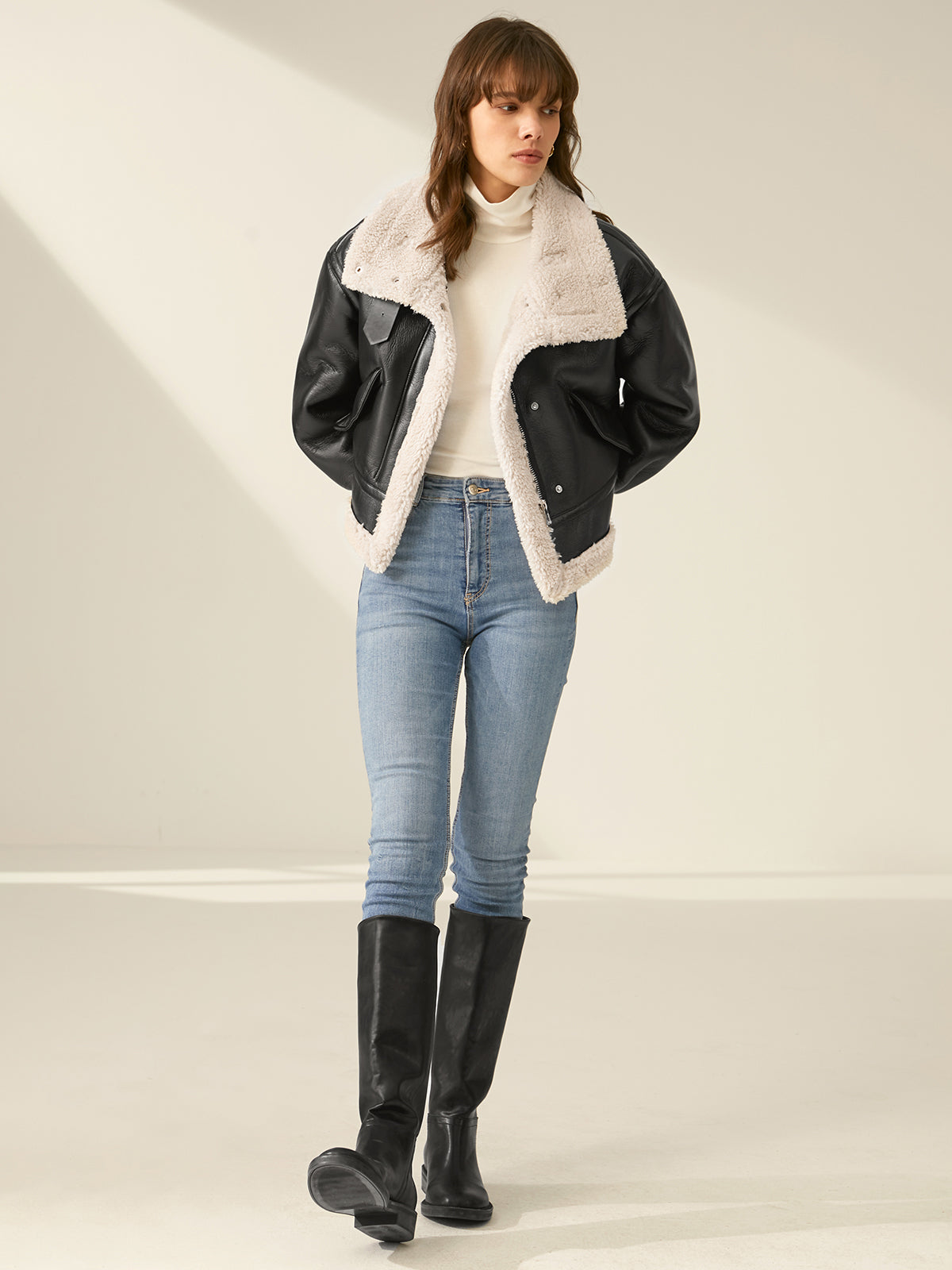 Women's Faux Leather Flight Winter Jacket with Sherpa Lining