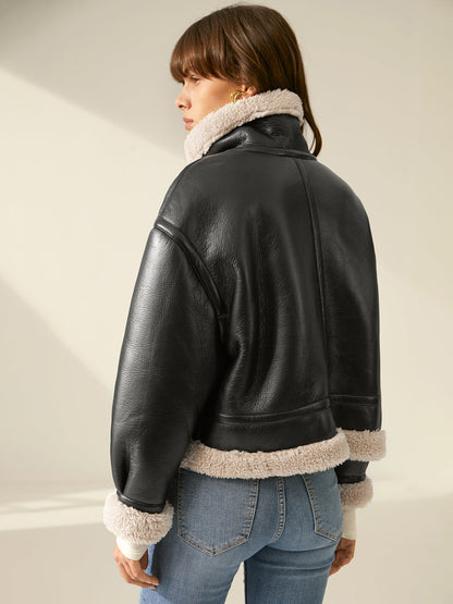Women's Faux Leather Flight Winter Jacket with Sherpa Lining