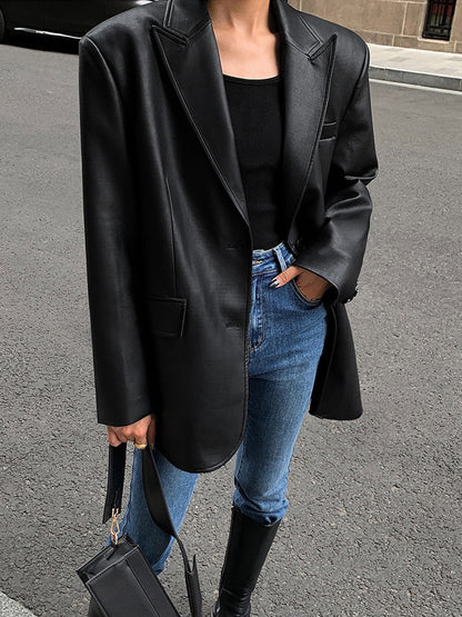 Women's Oversized Faux Leather Blazer with Lapel