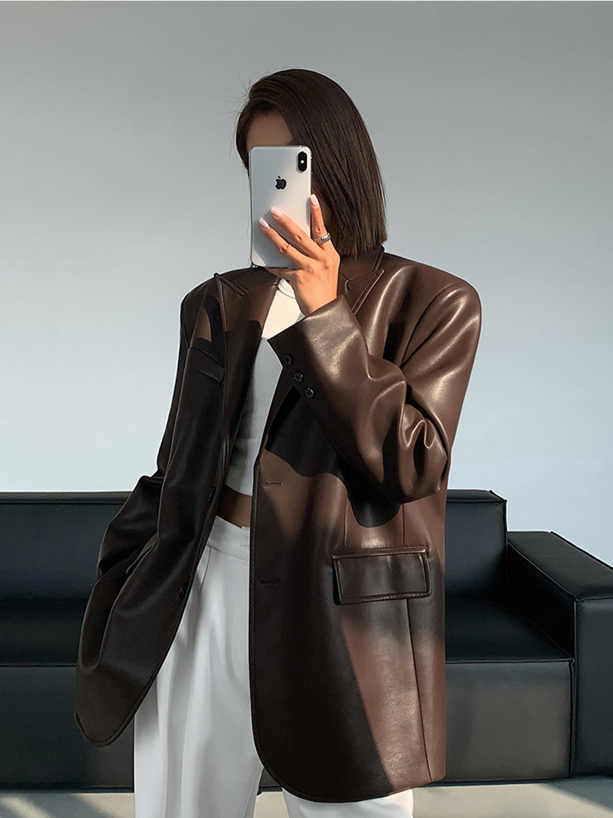 Women's Oversized Faux Leather Blazer with Lapel