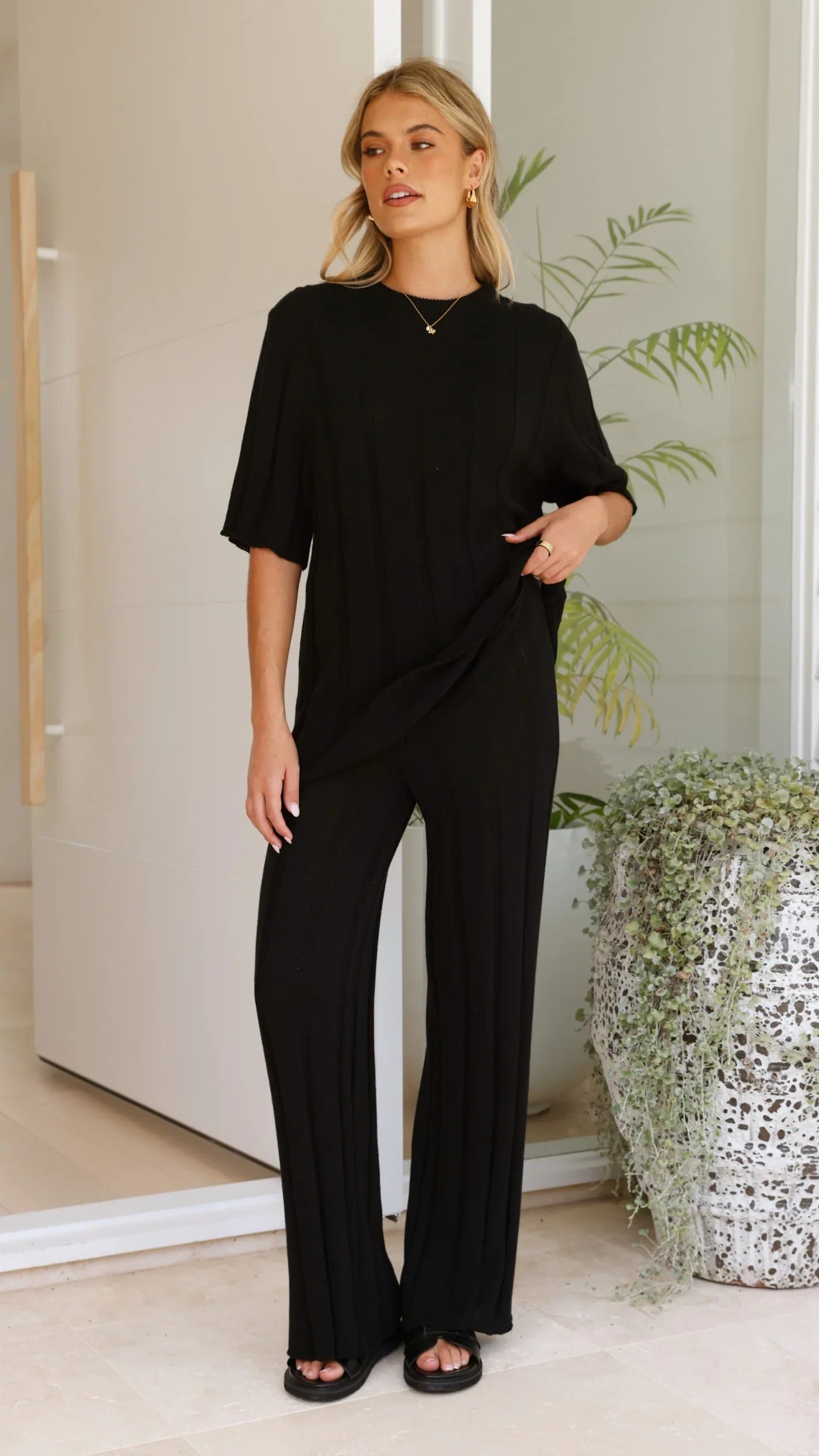 Bella | Wide Leg Ribbed Knit Pants