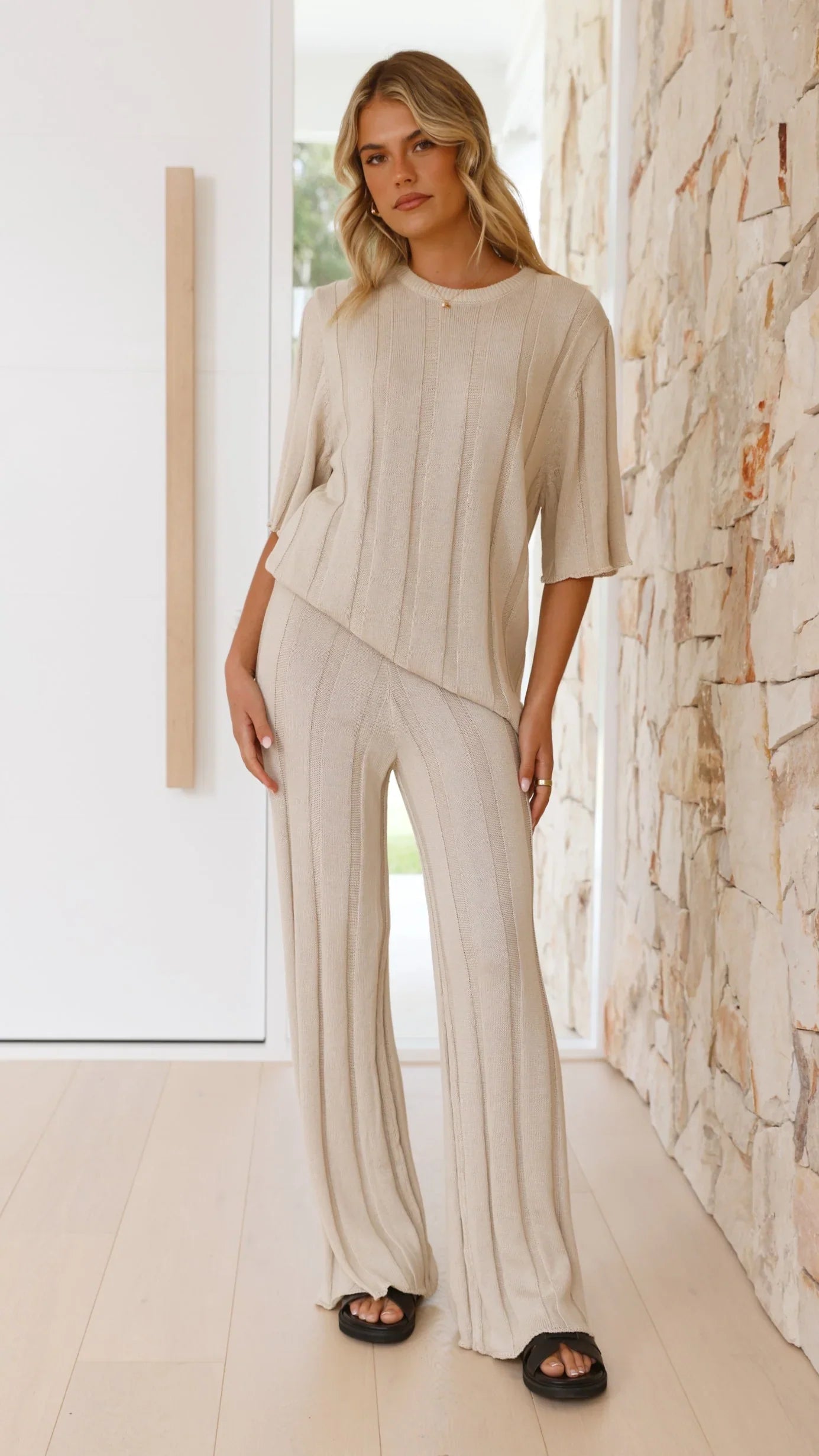 Bella | Wide Leg Ribbed Knit Pants