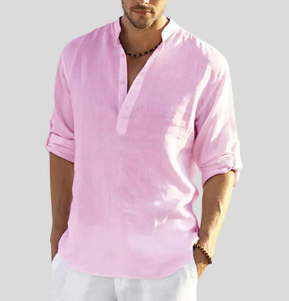 Men's Linen Henley Shirt Rolled Sleeves
