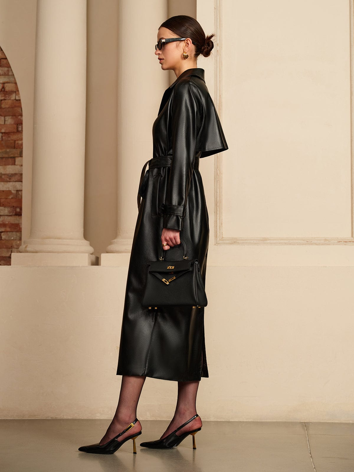 Calla | Belted Faux Leather Trench Coat Button Front