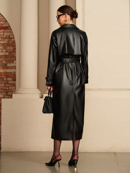 Calla | Belted Faux Leather Trench Coat Button Front