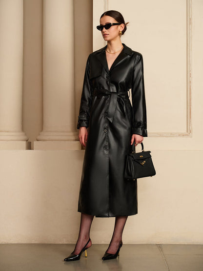 Calla | Belted Faux Leather Trench Coat Button Front