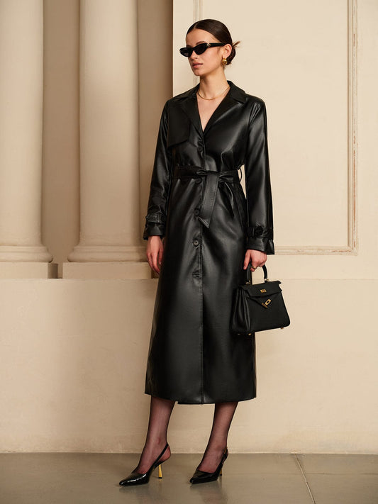 Calla | Belted Faux Leather Trench Coat Button Front