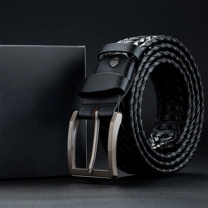 Braided Genuine Leather Belt with Metal Buckle