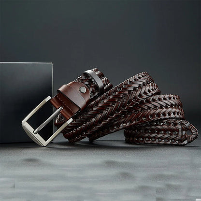 Braided Genuine Leather Belt with Metal Buckle