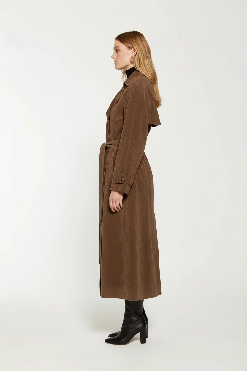 Henrietta | Brown Suede Style Double Breasted Trench Coat