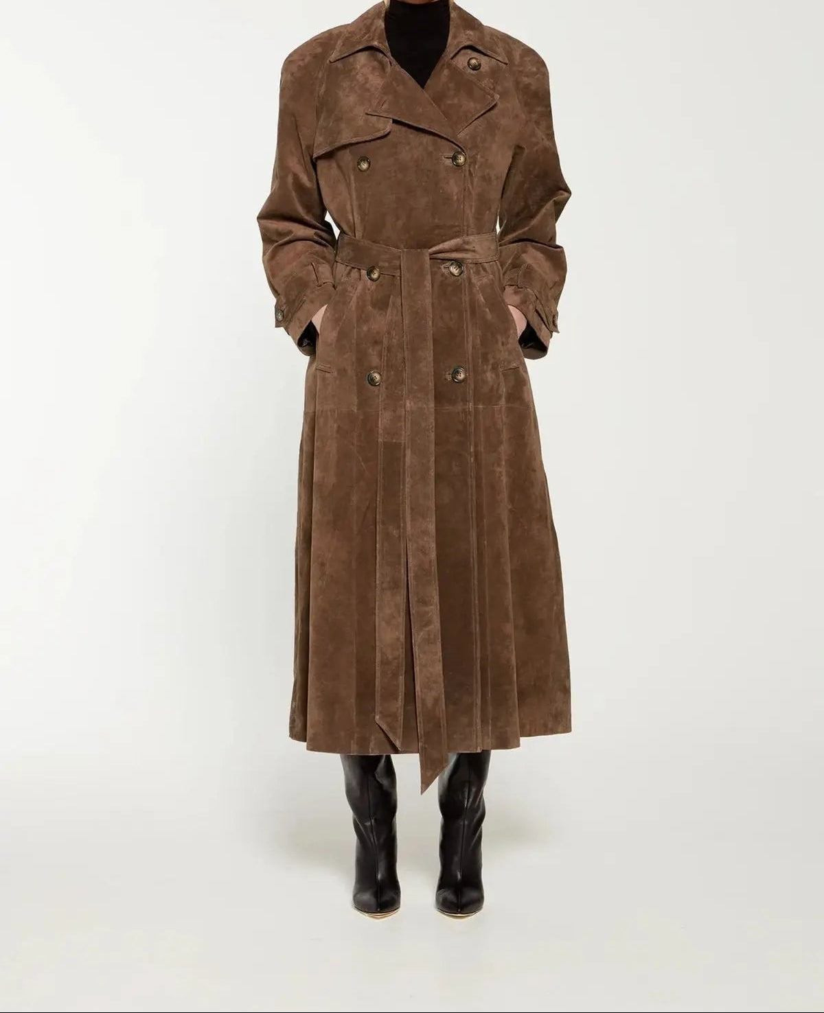 Henrietta | Brown Suede Style Double Breasted Trench Coat