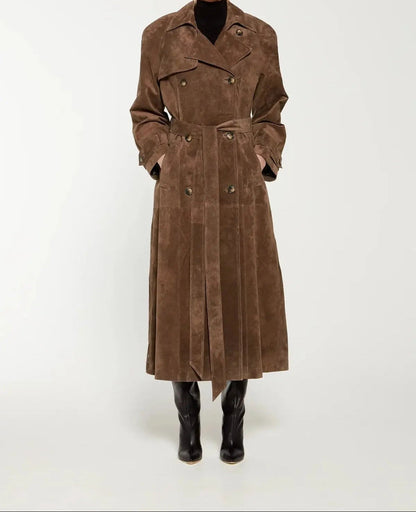 Henrietta | Brown Suede Style Double Breasted Trench Coat