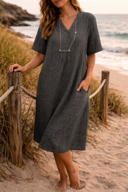 Linendra | Relaxed Linen V-Neck Midi Dress