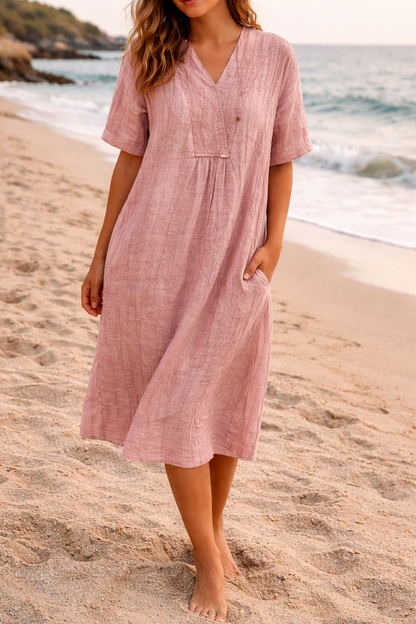 Linendra | Relaxed Linen V-Neck Midi Dress